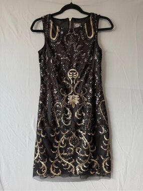 Vince Camuto Womens Sleeveless Cocktail Dress Size 0 Black Gold Embroidery Lined